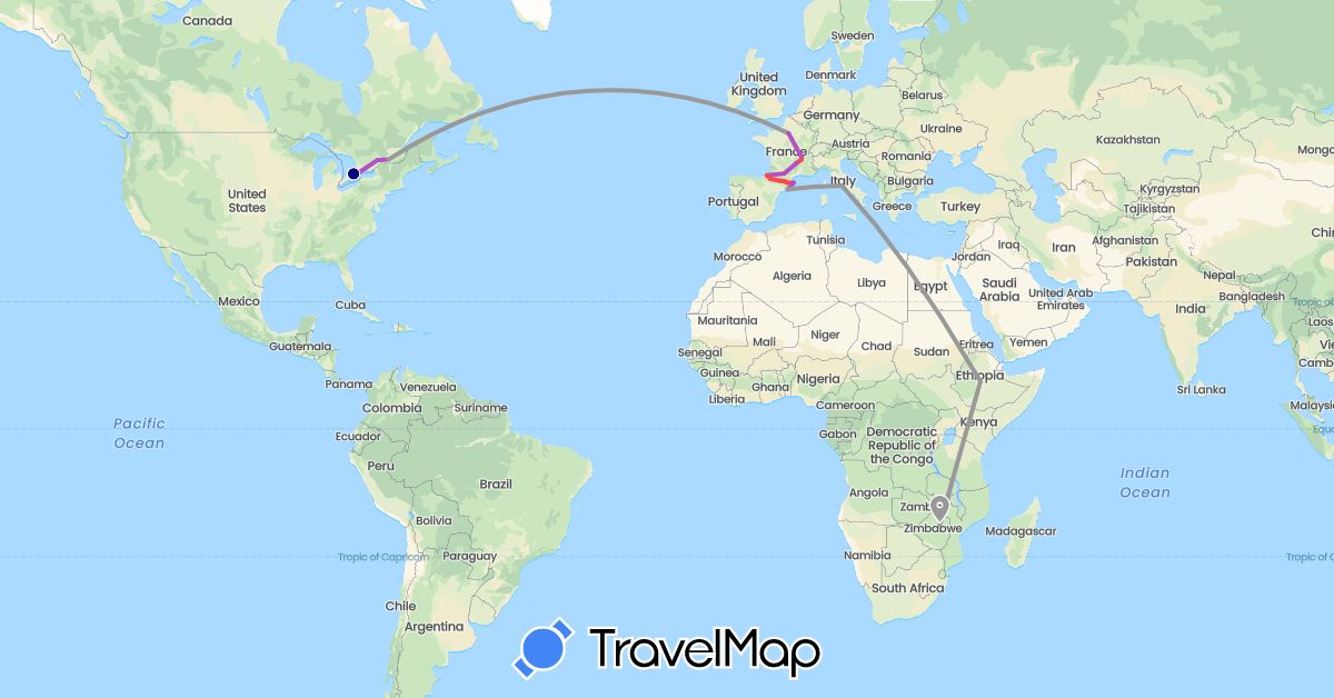TravelMap itinerary: driving, plane, train, hiking in Andorra, Canada, Spain, Ethiopia, France, Italy, Zimbabwe (Africa, Europe, North America)